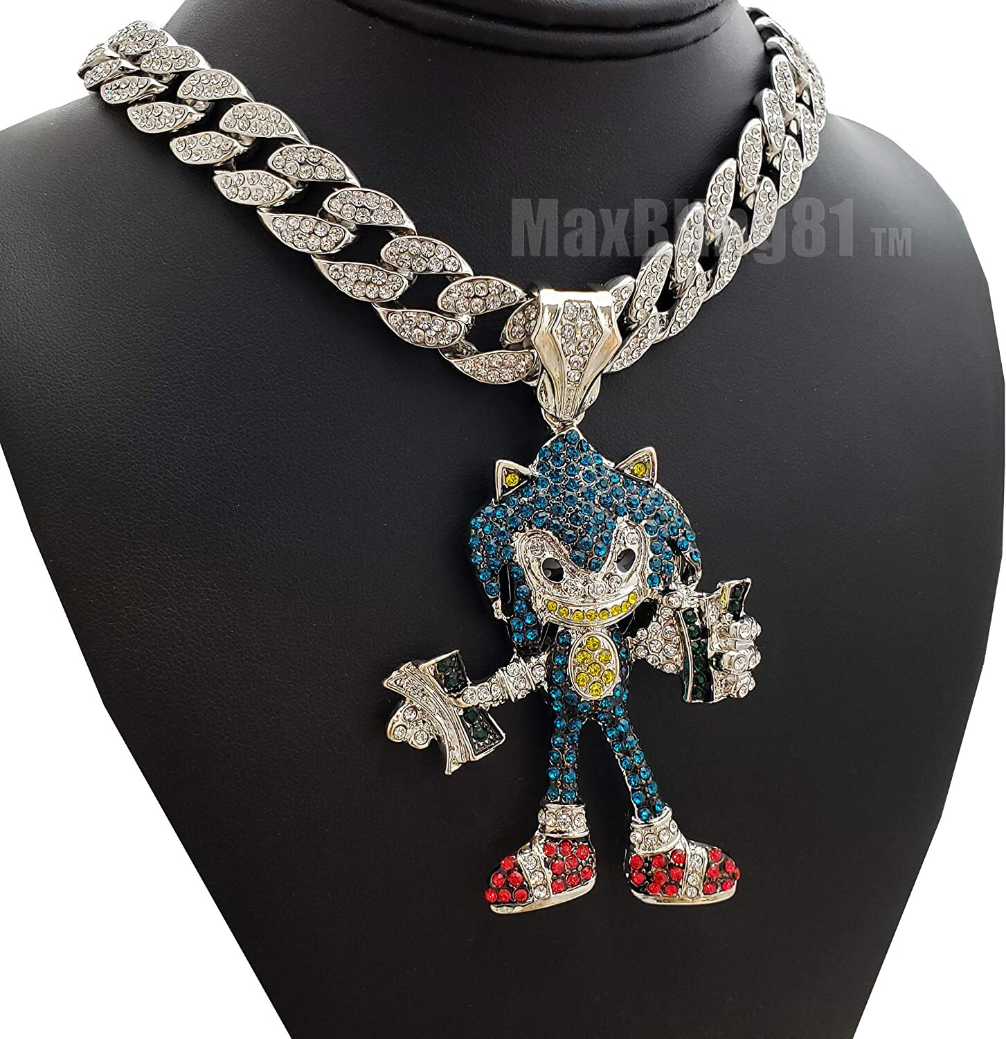 Silver Plated Large Hedgehog Pendant & Cubic Zirconia Iced Cuban Chain Necklace