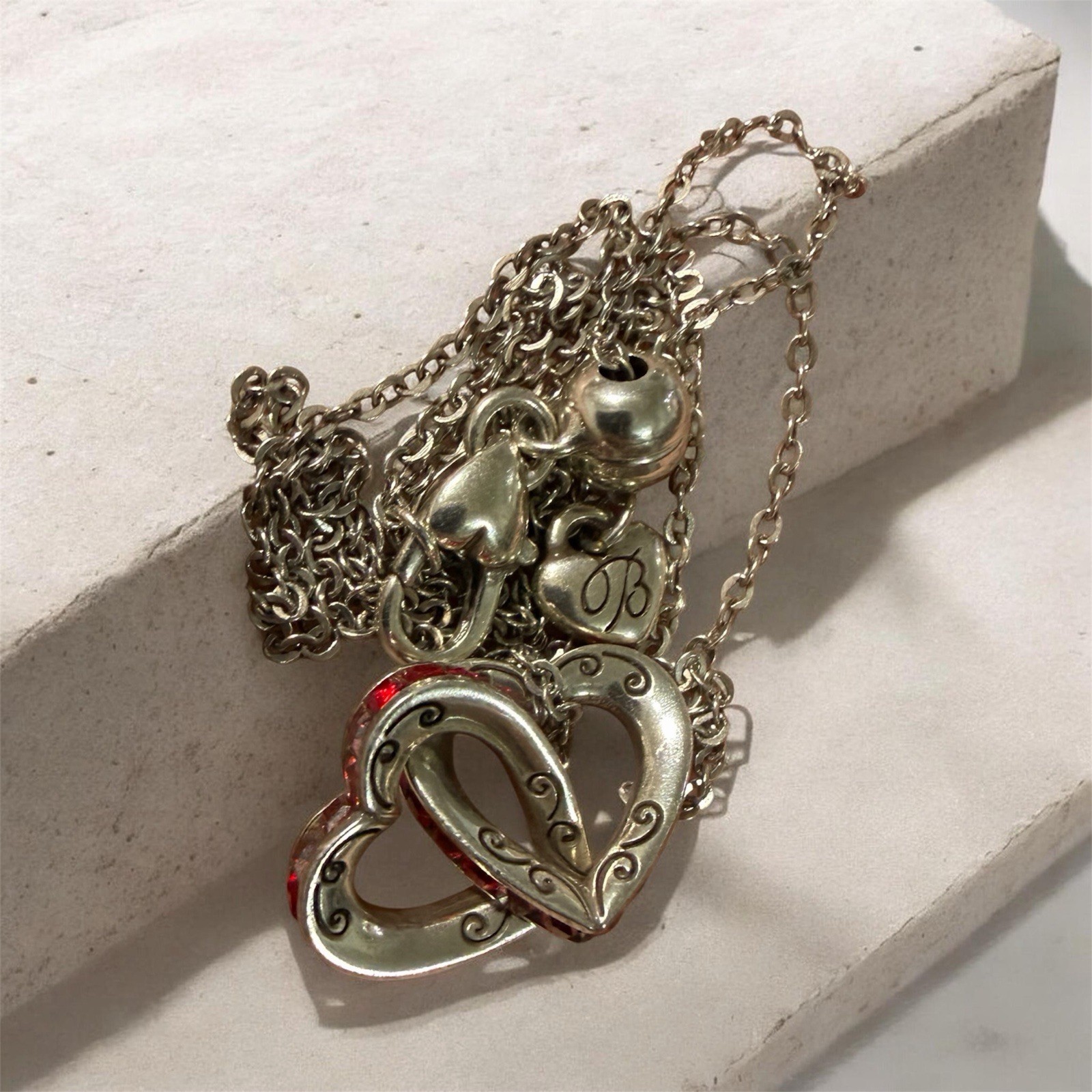 Retired Brighton Silver Plated Interlocking Heart Necklace Red & Clear Crystals