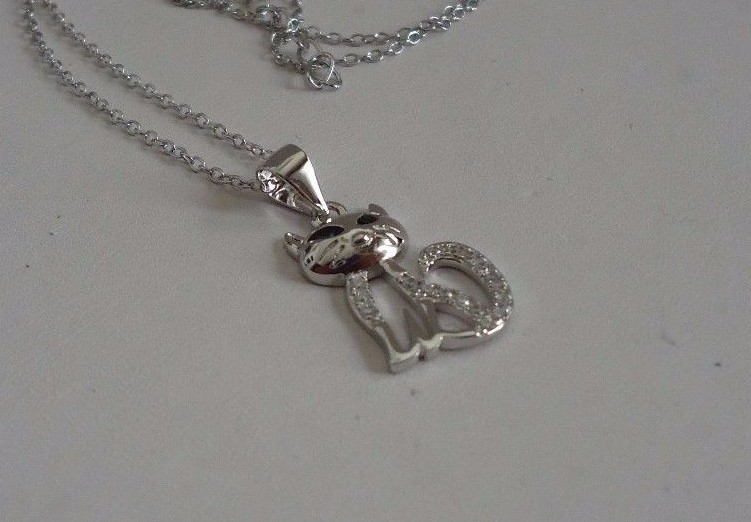 CAT NECKLACE PENDANT LAB CREATED DIAMONDS / 925 STERLING SILVER 11MM BY 17MM