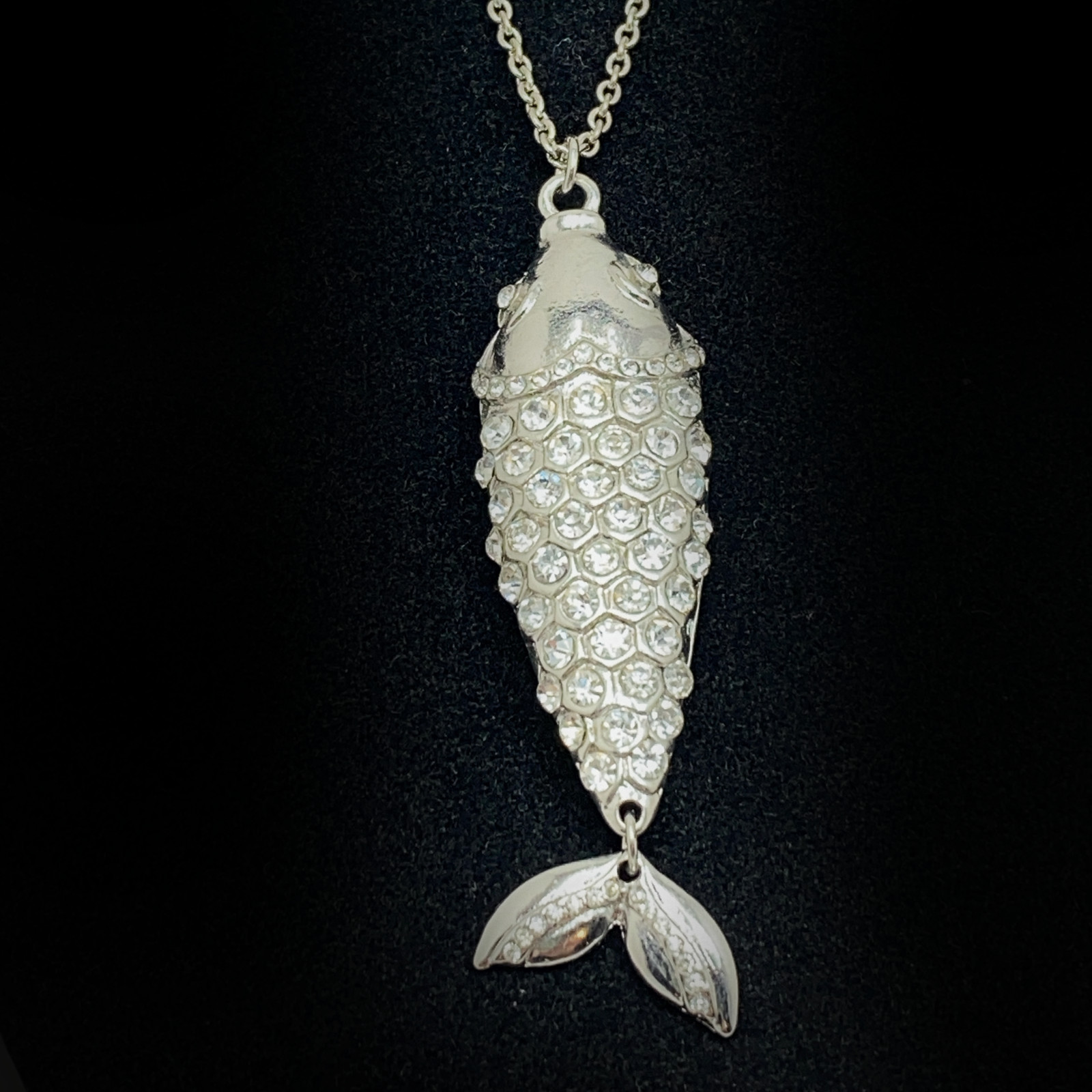 Fish Pendant Sparkly Pave Rhinestone 32 in Long Silver Tone Chain