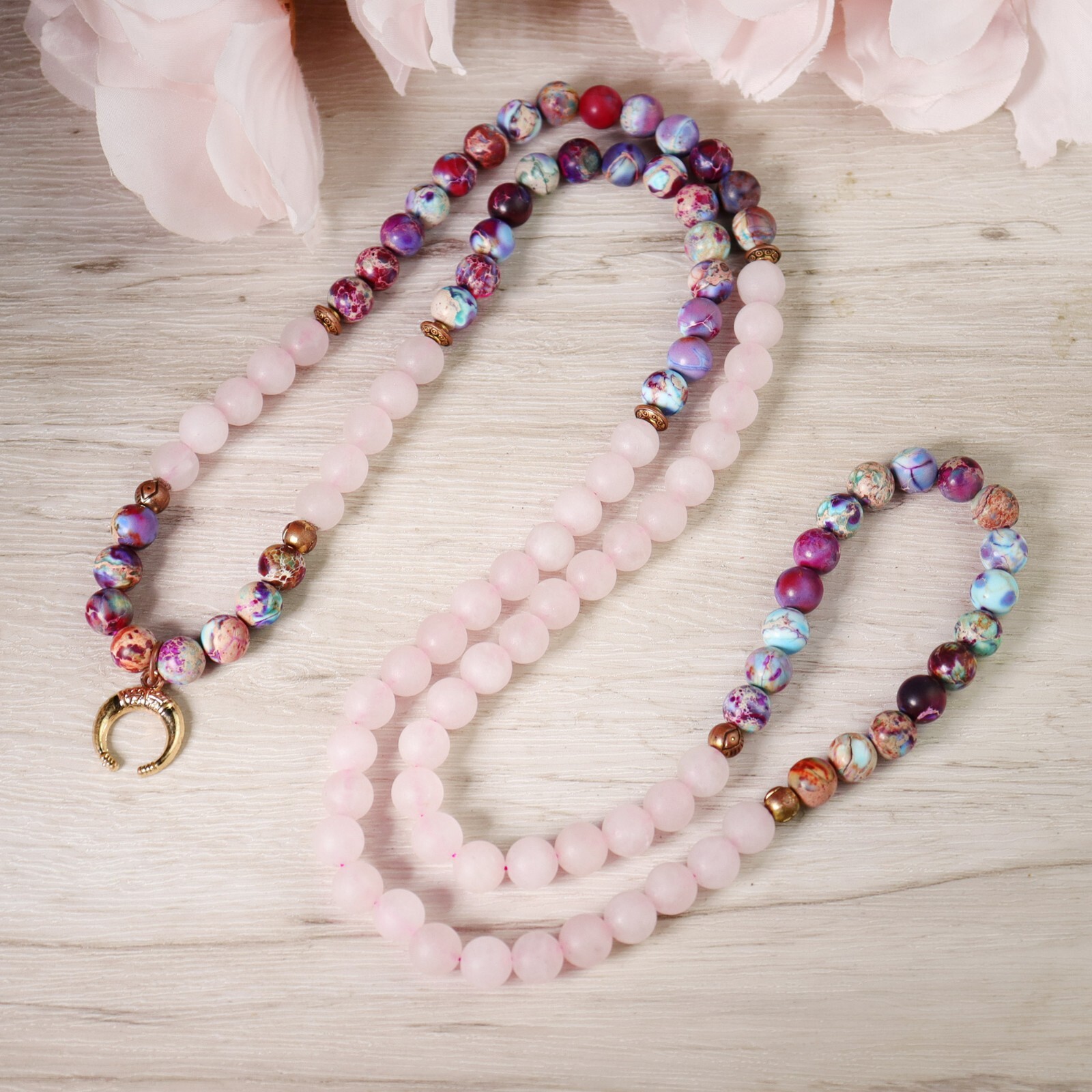Imperial Jasper Rose Quartz Moon Charm 108 Mala Beads Healing Spiritual Bracelet