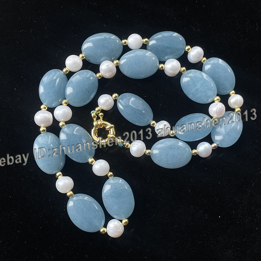 13x18mm Oval Blue Aquamarine Gems White Pearl Hook Earrings+ Necklace Set 14-28″