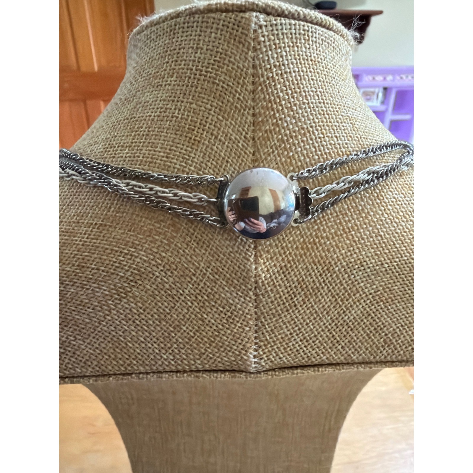 Vintage Triple Strand Silver Tone Layered Chain Necklace with Magnetic Orb Clasp