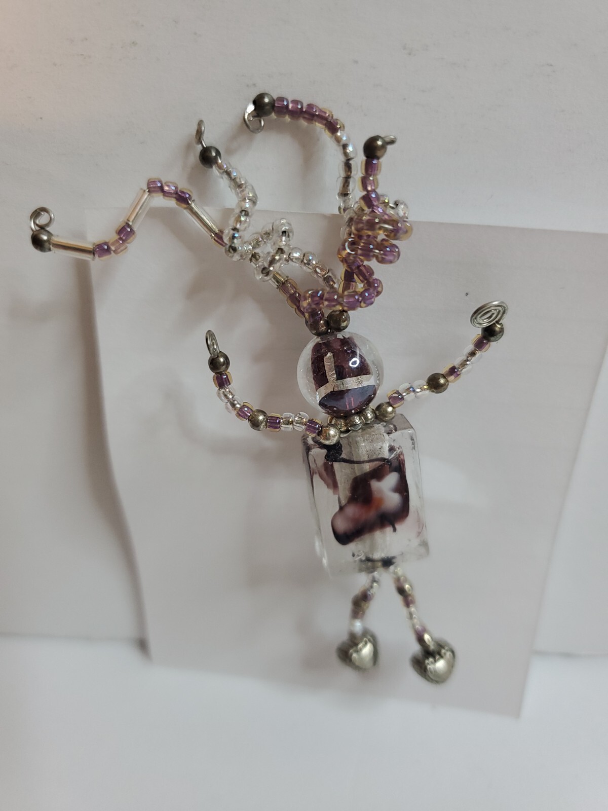 Brooch Pin Handmade Bead Person Jewelry Pink Gray White 3″ tall Adjustable