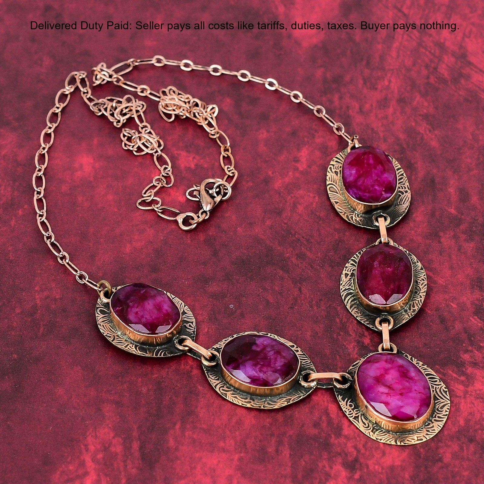 Kashmir Rubi Stone Artisan Chain Handcrafted Handmade Necklace Jewelry Copper