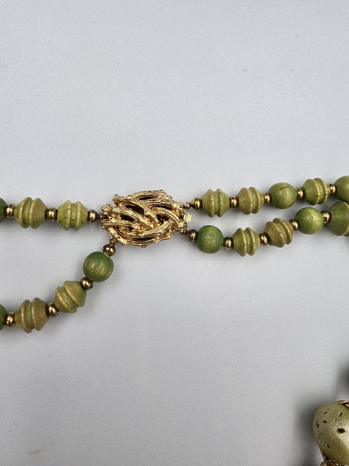 Vintage Double Strand Wood Bead Necklace Green Yellow Gold Tone Clasp
