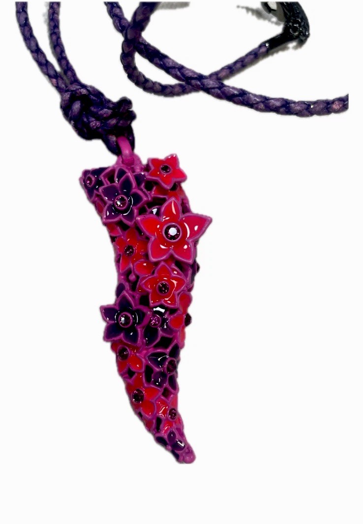Roberto Cavalli Flower Cornicello Horn Pendant Necklace Purple Pink Italy