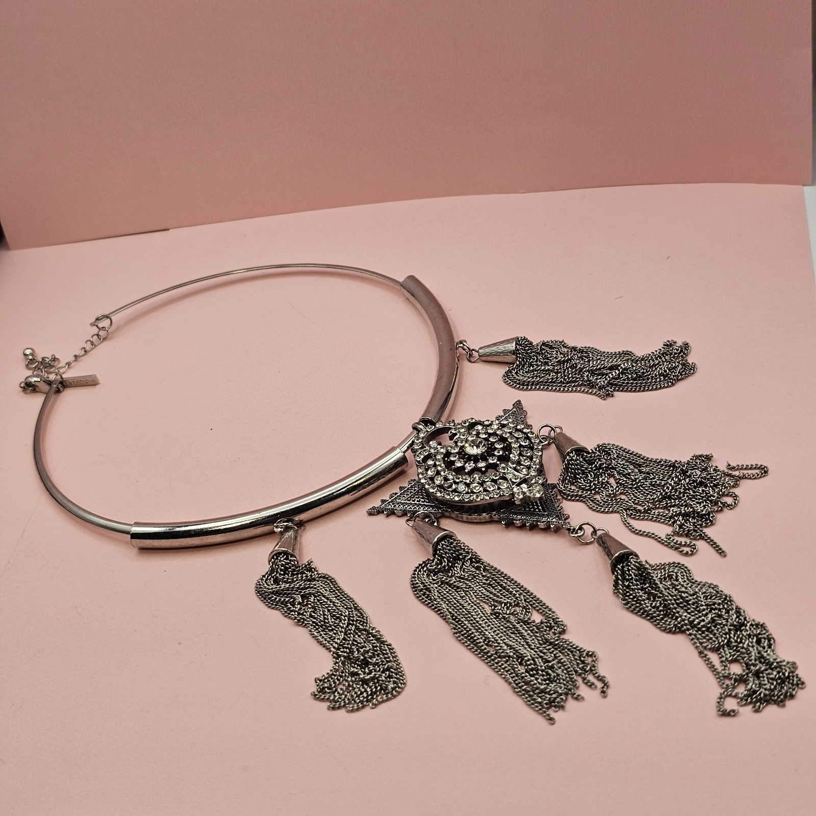 Designer Statement Necklace Silver tone Crystal Medallion Tassel Gypsy