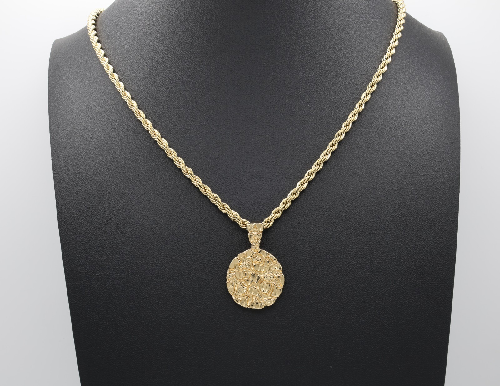 Gold Round Nugget Necklace, 3mm Rope Chain, 14k Heavy Plated Gold