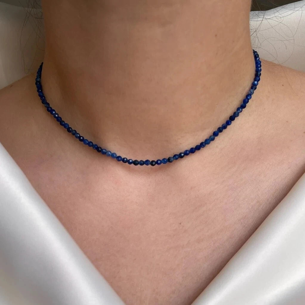 Women’s Kyanite Gemstone Choker 2mm Beads Delicate Healing Crystal Necklace Gift