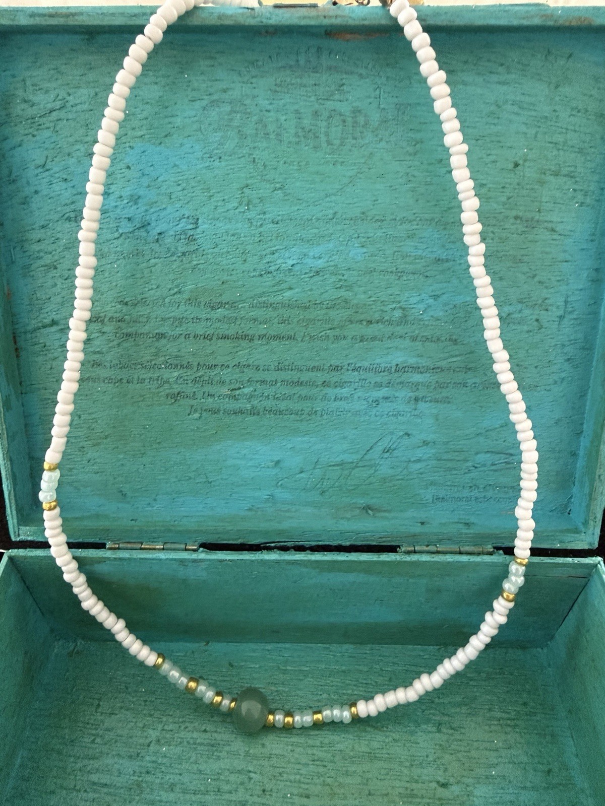 White Beaded Ball Chain Necklace Green Round Center Bead Gold Tone, Adjustable