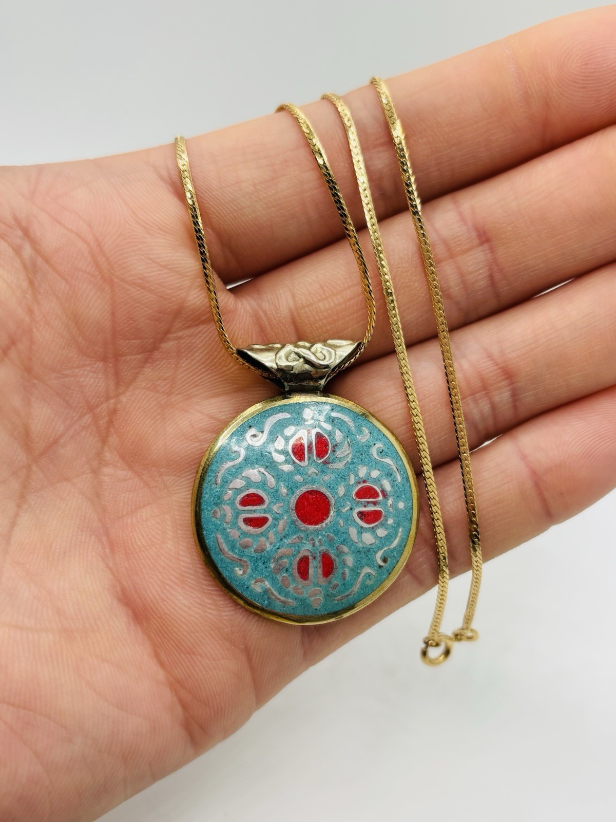 Symbolic Double-Sided Inlay Nepal Amulet Buddha Kathmandu Pendant Necklace