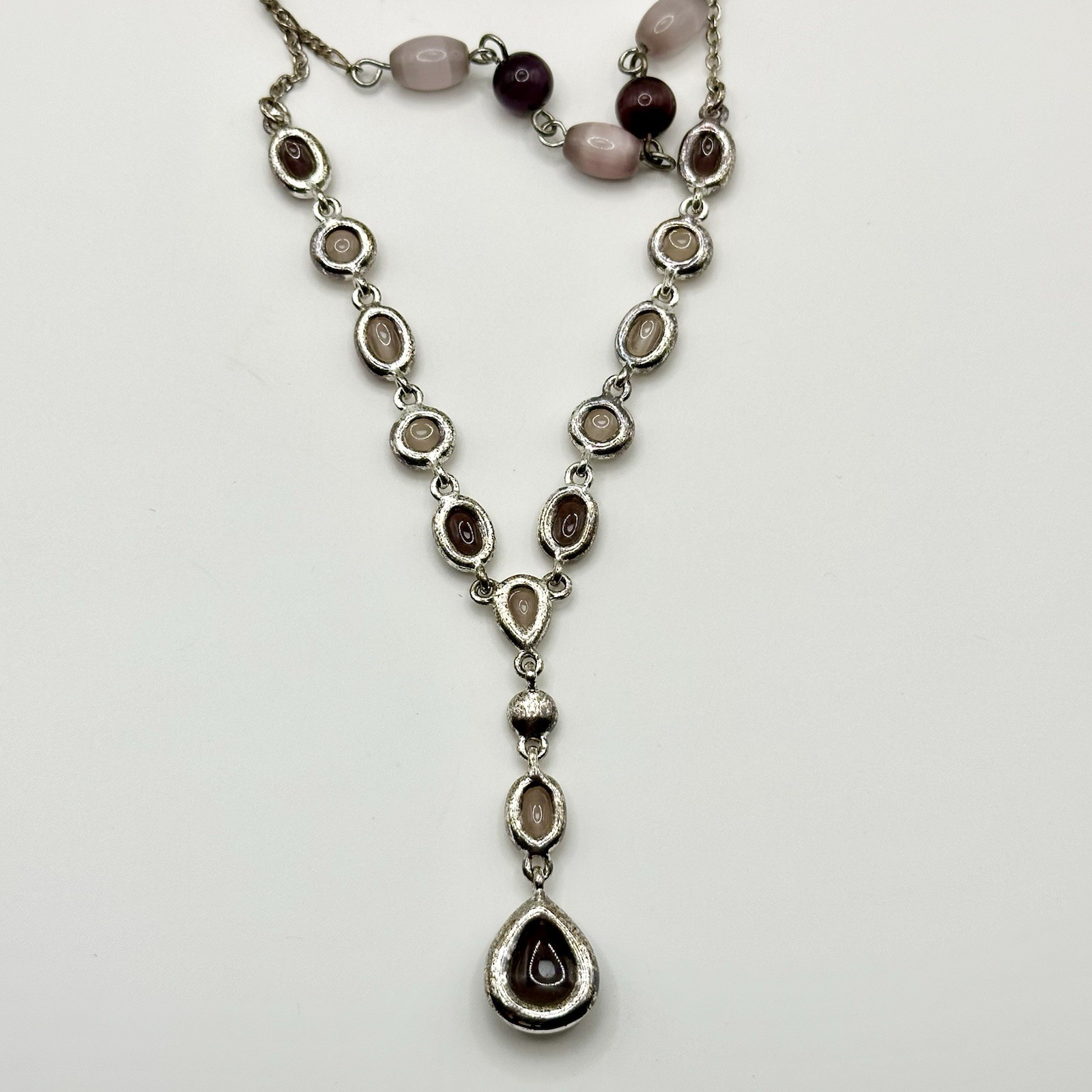 Purple Glass Cats Eye Necklace Silver Tone Layered Multi Strand 16-18”