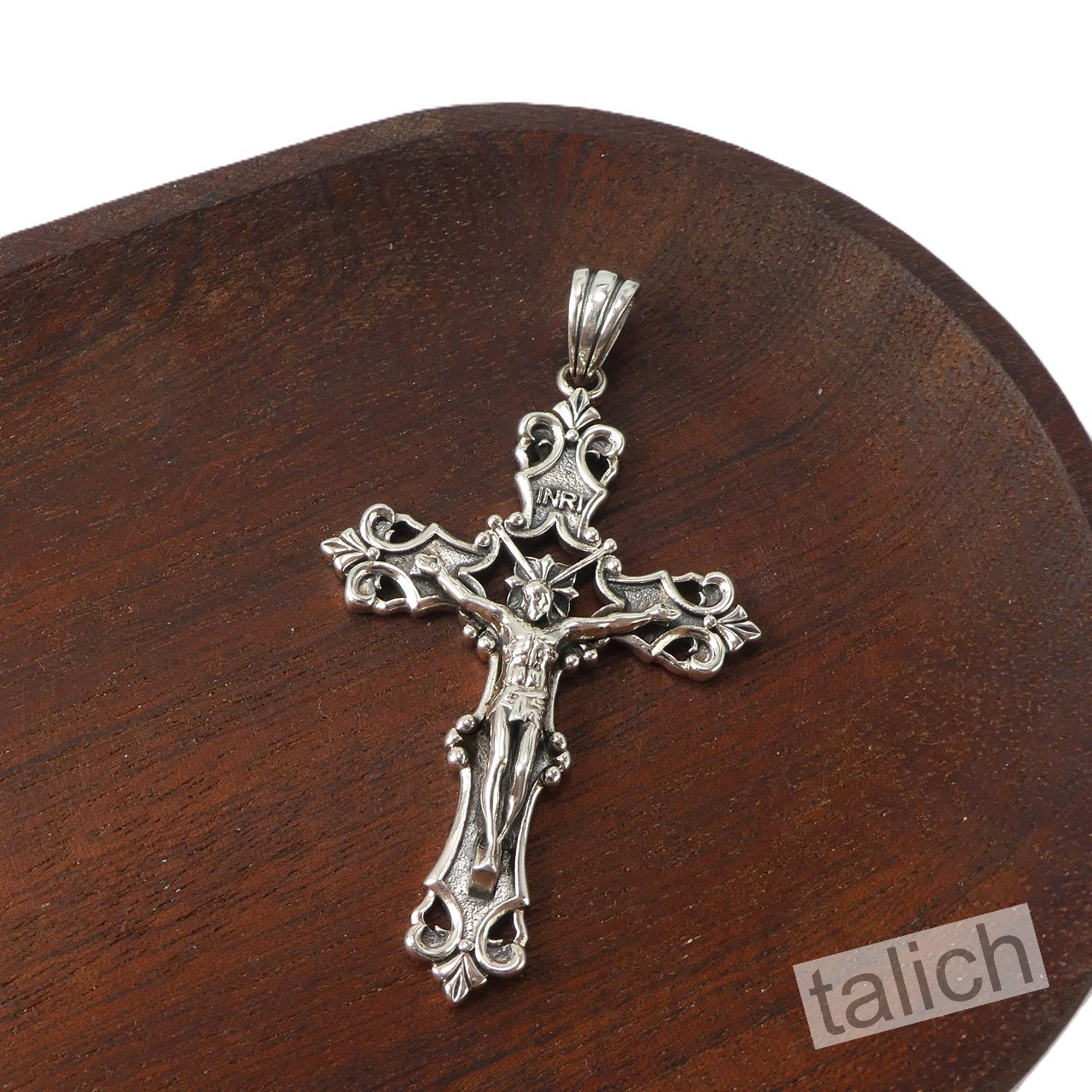 Solid 925 Sterling Silver Ornate Floral Scroll Crucified Jesus Cross Pendant