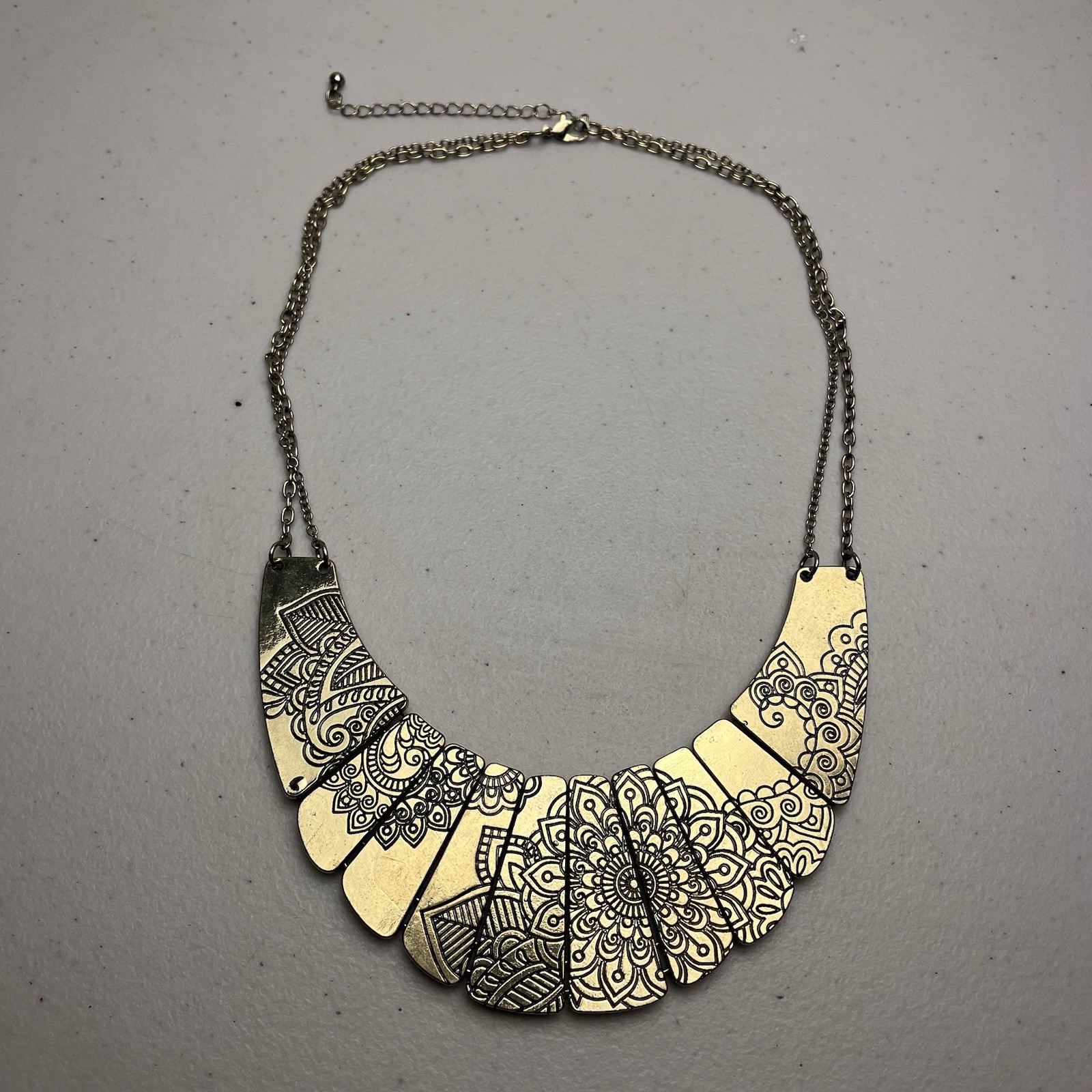 Gold Tone Bib Necklace Mandala Engraved Costume Jewelry Statement Adjustable 22″