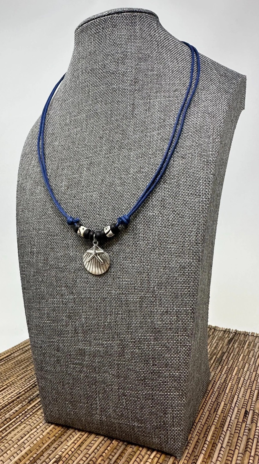 Seashell & Starfish Pendant Necklace | Silver Tone | Navy Blue Cord | Beach