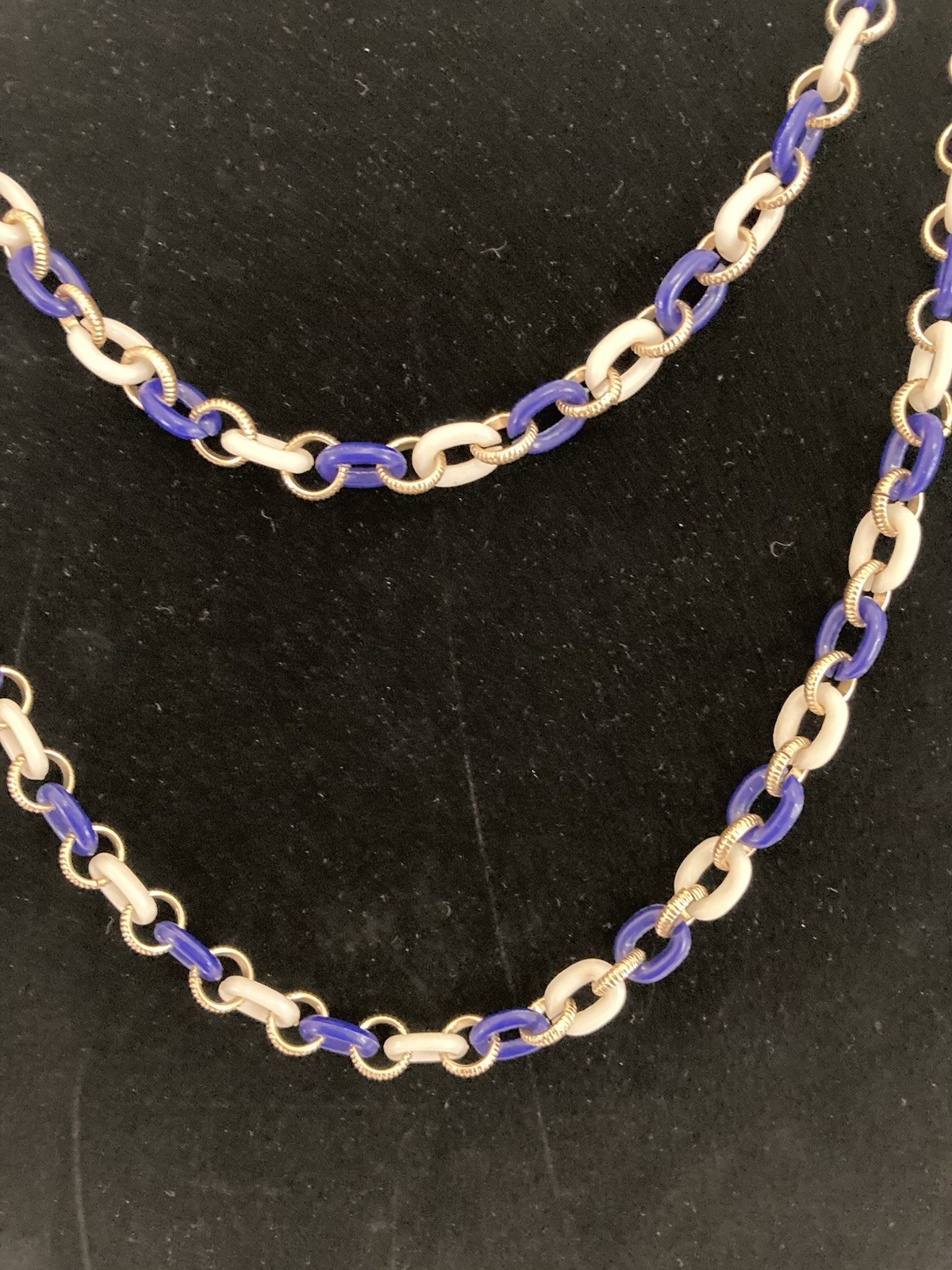 Blue, White And Gold Tone Rings, Necklace Spring Ring Clasp 51” Long