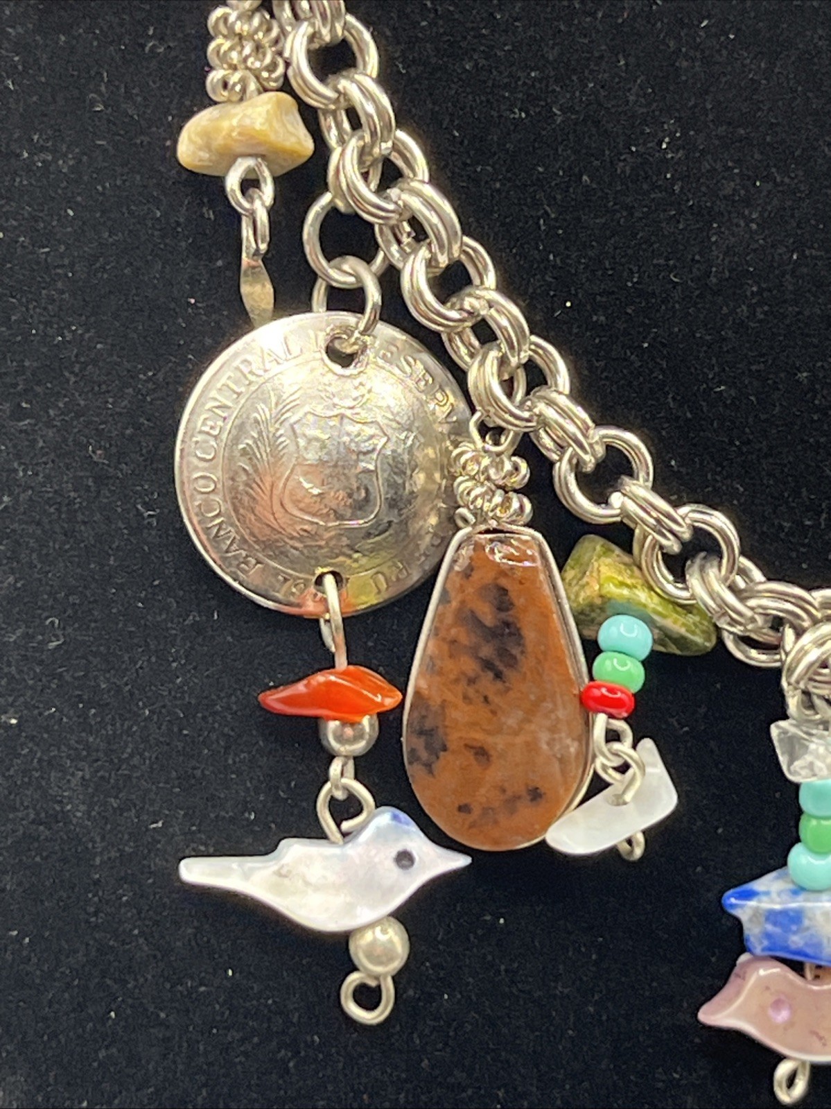 Peruvian Artisan Bird Charm Necklace Mixed Stone Peru Coin Boho Folk Art