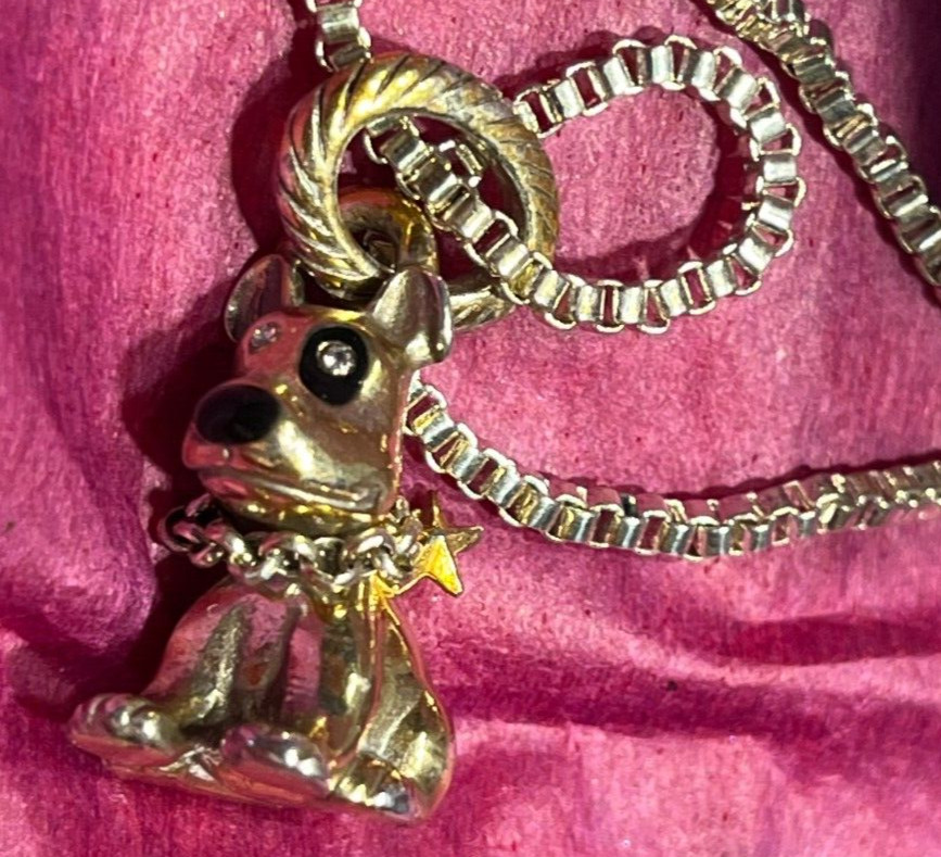 An Adorable Sterling Silver & Gold Puppy, Chain Patch on Eye & Crystal Eyes