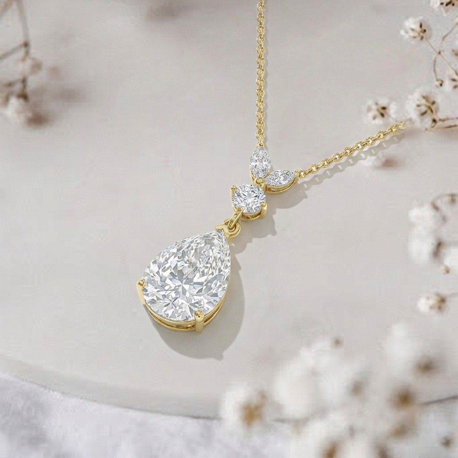 Simulated Diamond Pendant Necklace Pear Cut Gold, CZ Teardrop Necklace
