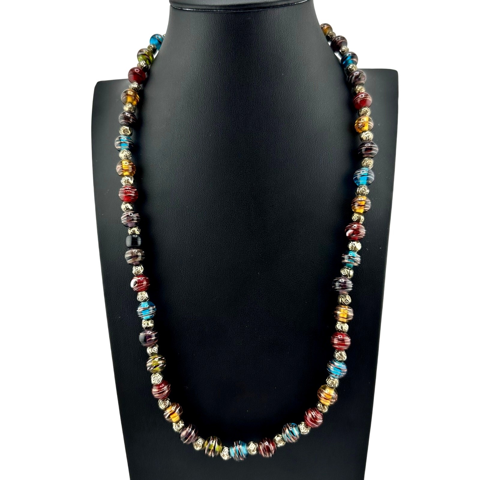 Lampwork Art Glass Dark Rainbow Multicolor Swirl Beaded Handmade 23” Necklace