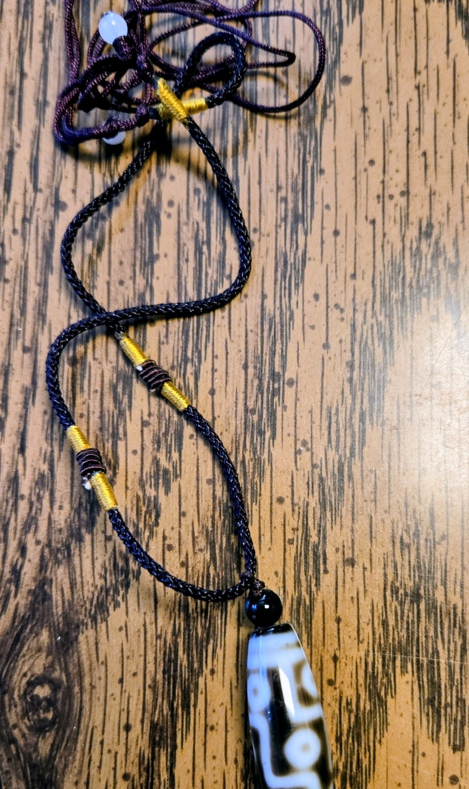 Black Cord Beaded Pendant Necklace Barrel Charm, Black & White Stone Beads