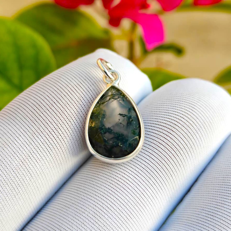 Natural Pear Moss Agate Gemstone Charm Pendant 925 Solid Silver Jewelry for All