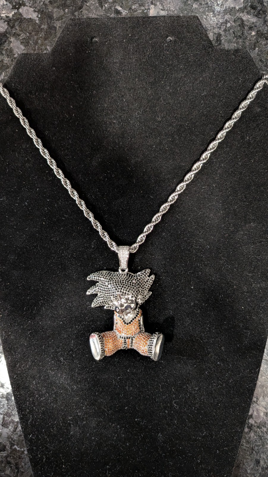 Iced Out Anime Character Pendant Rope Chain 14K White Gold Plated Stainles Steel