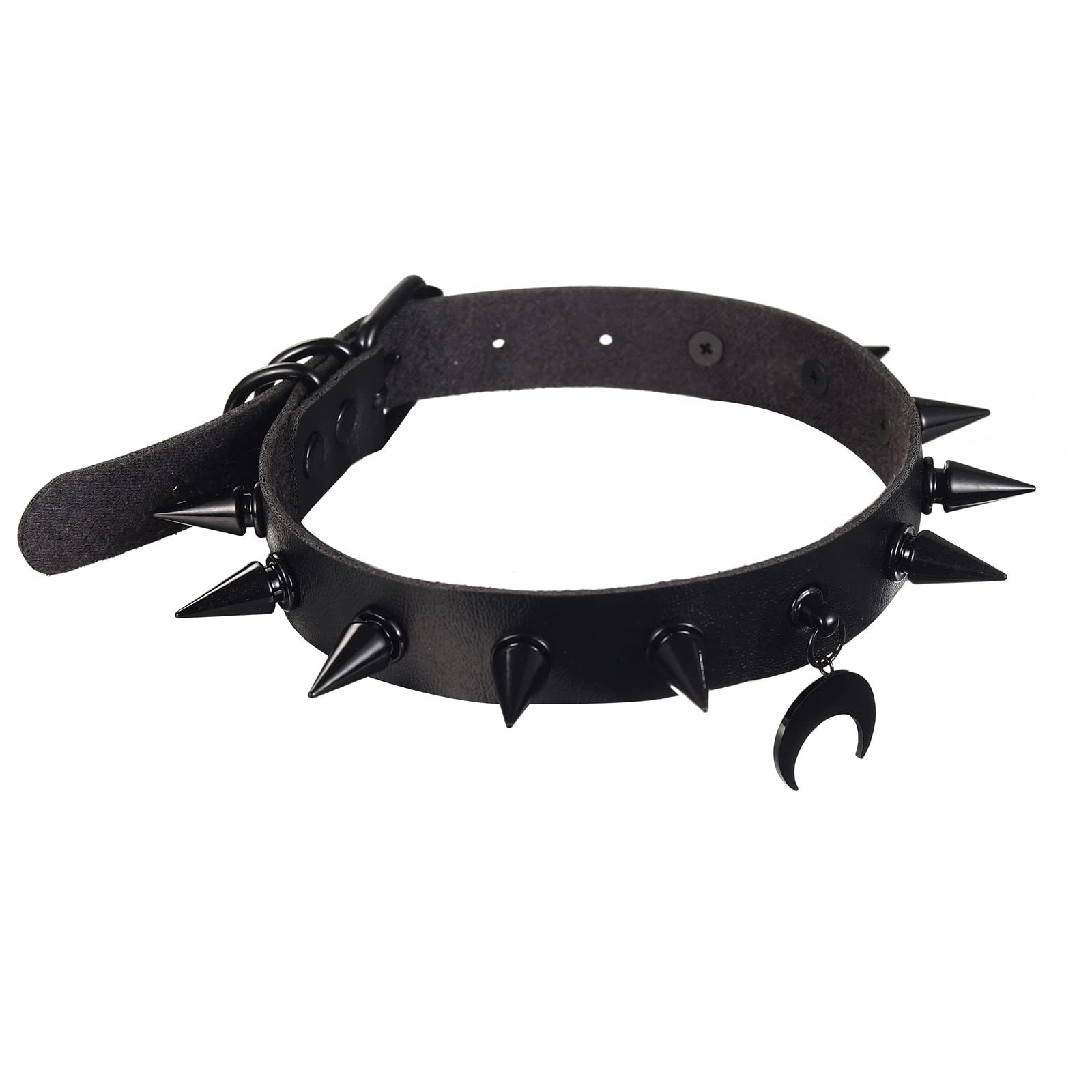 Gothic Spiked Choker Necklace Moon Pendant Faux Leather Collar Black Accessories