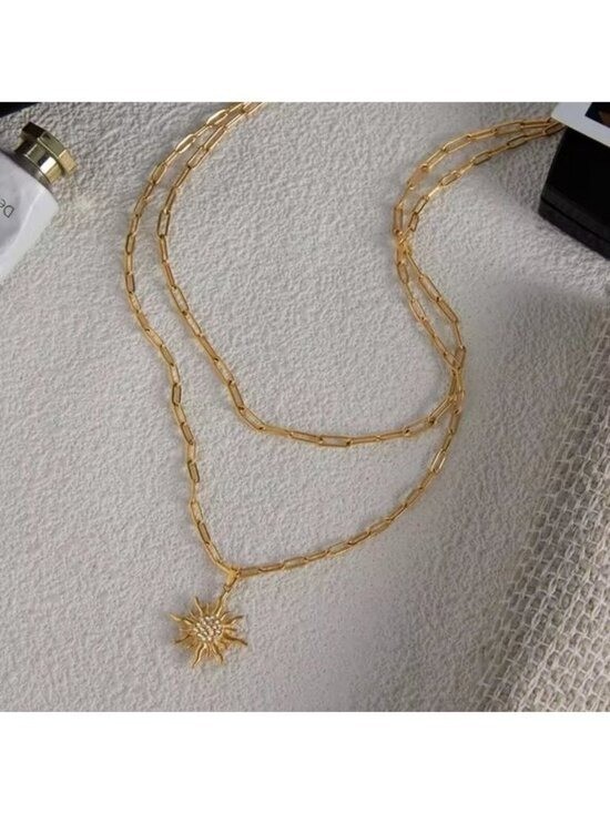 Double Layer Necklace w/cz Sun Pendant Gold Layered Necklace Summer Jewelry