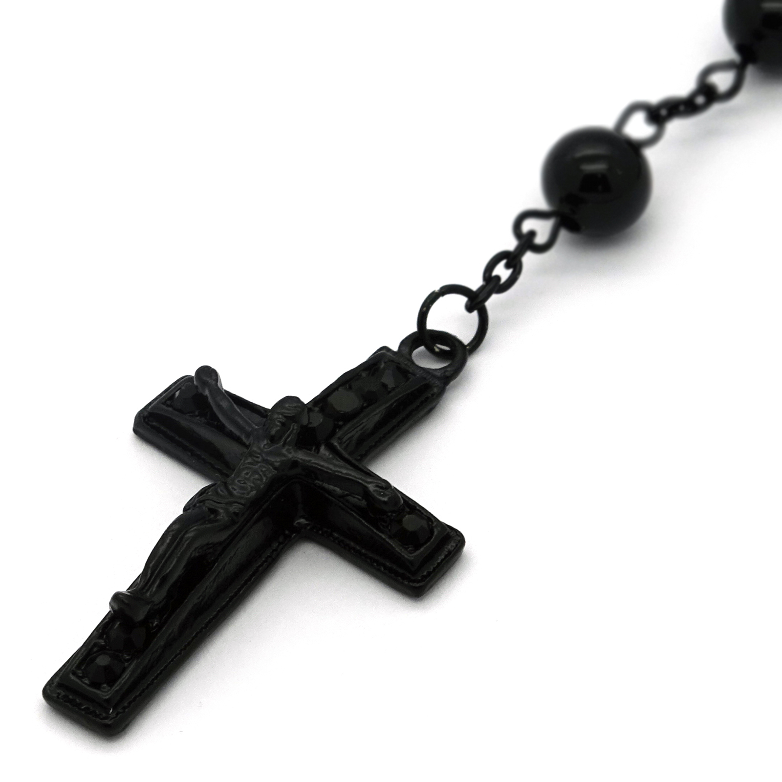 Men’s Hip Hop 8mm BLACK Beads D-Shape Rosary & Jesus Cross Necklace BK
