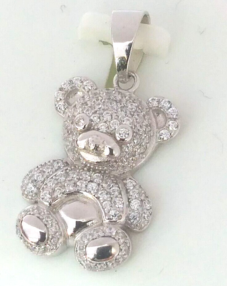 925 Sterling Silver Pendant Iced Teddy Bear cubic zirconia CZ’s MEDIUM 26X12MM