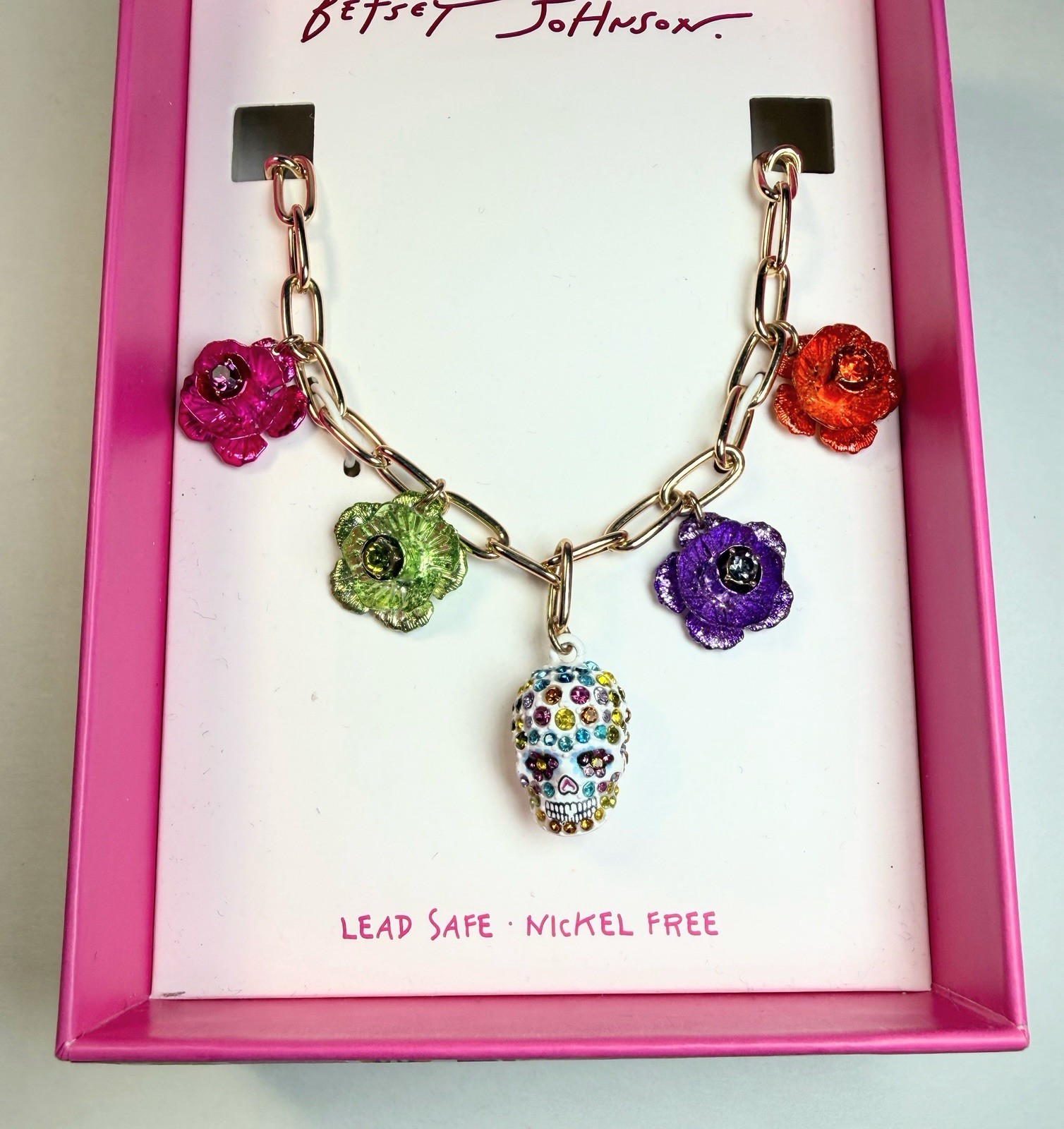 NEW $68 BETSEY JOHNSON Gold White Red Green Purple Flower Skull Necklace