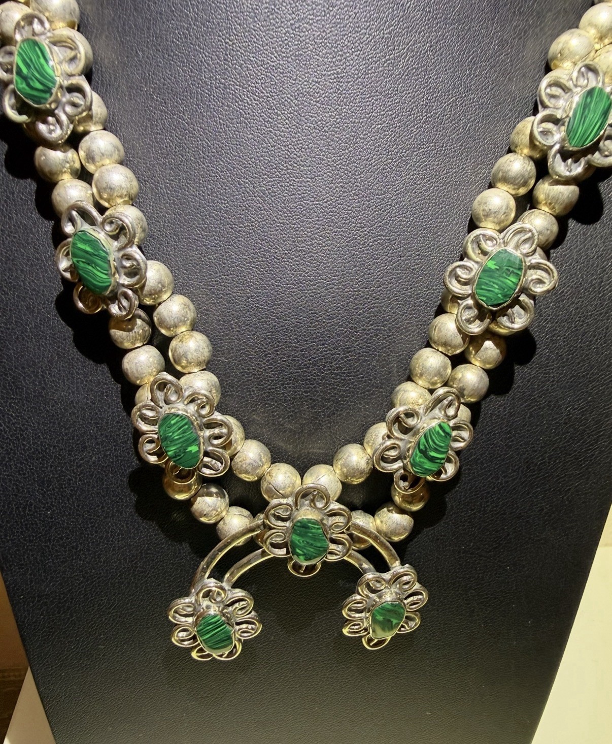 Vintage Southwestern Silver Bead Necklace w/ Malachite Stones & Naja Pendant