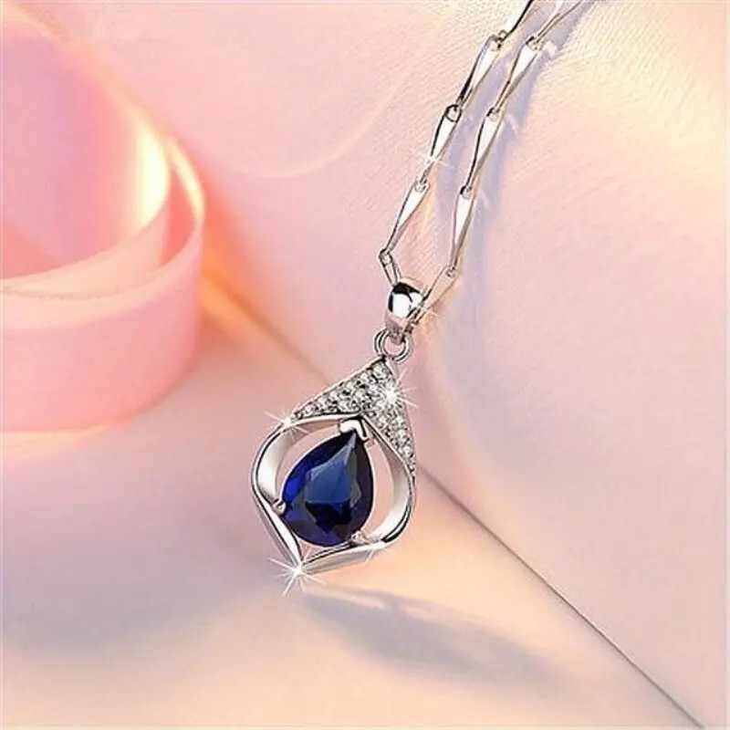 Teardrop Blue Sapphire Clavicle Necklace – Women Engagement/Wedding