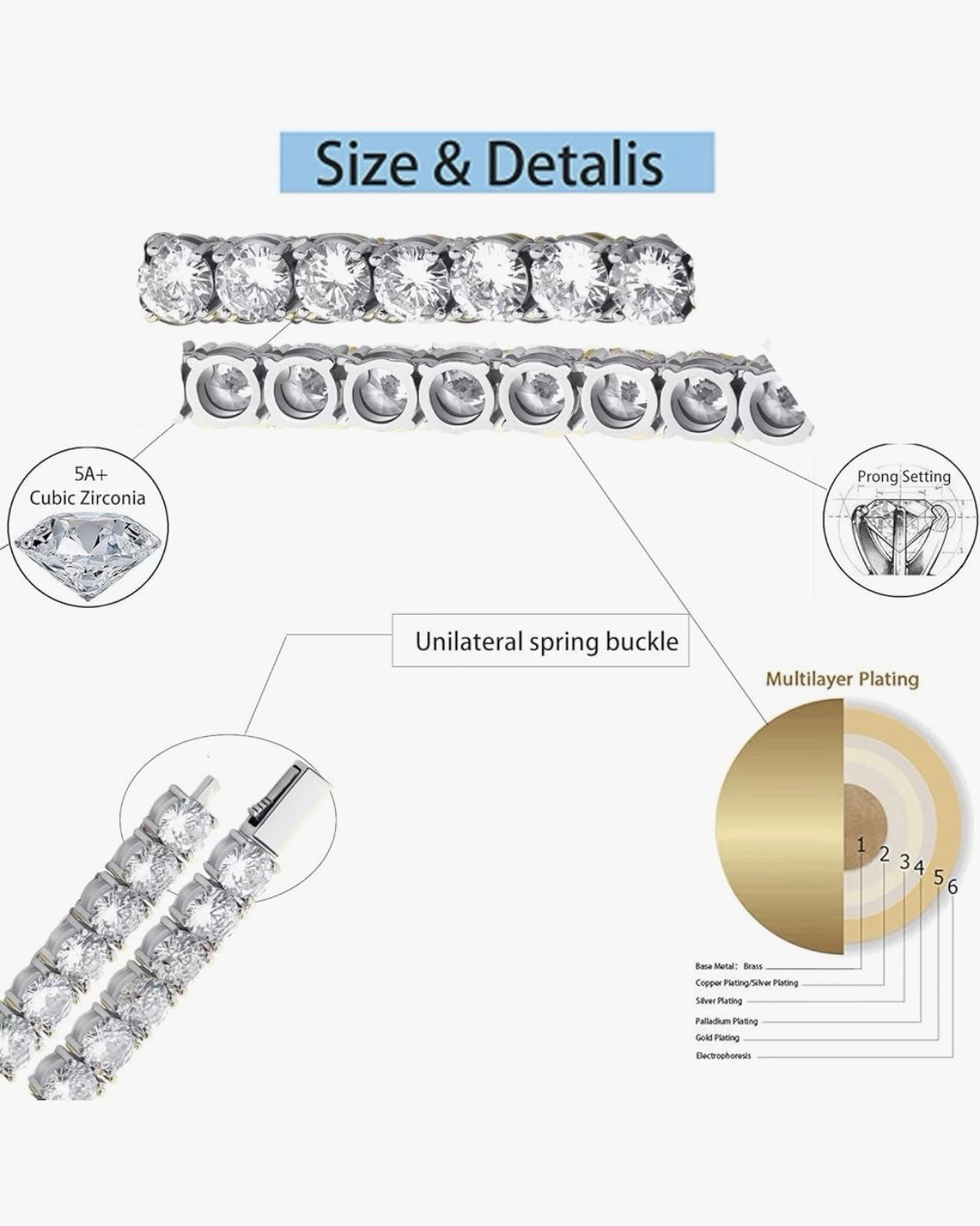 Silver Plated Cubic Zirconia Tennis Necklace Prong Set Round White Box Clasp