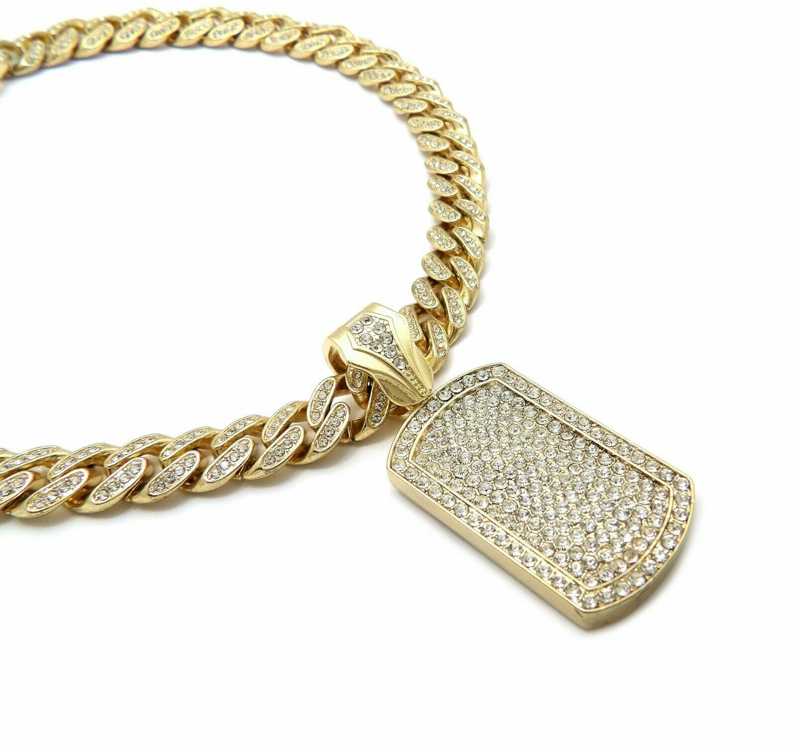 Hip Hop Dog Tag pendant & 18″ Box Lock Iced Miami Cuban Choker Chain Necklace