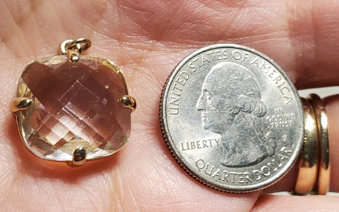 Gold Tone White Colorless Checkerboard Glass Prong Set Pendant
