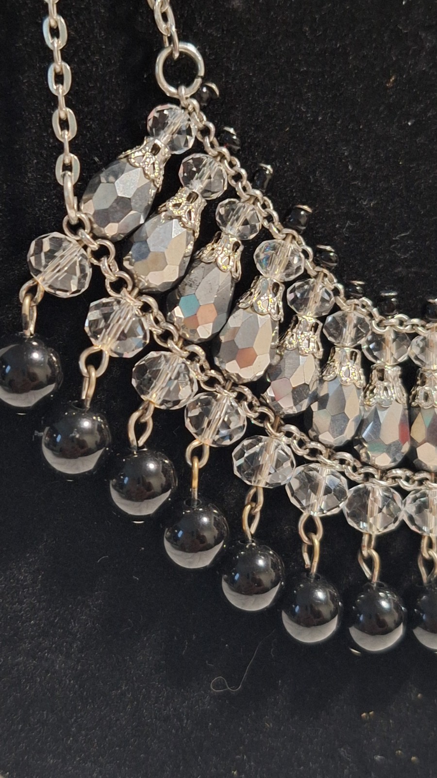 Silver Tone Bib Statement Necklace Clear Rhinestone Crystal & Black Bead Fringe