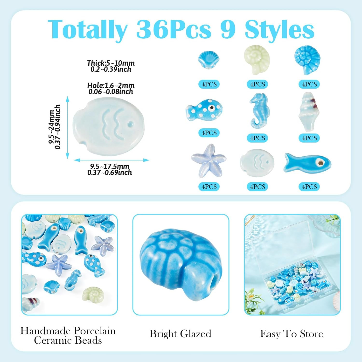 36Pcs Summer Beach Theme Porcelain Beads Blue Shell Starfish Fish Sea Horse Conc