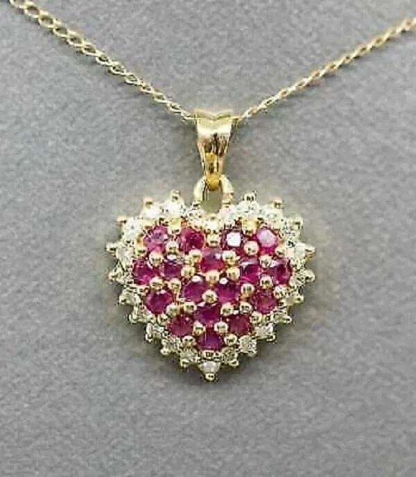 Cluster Heart Shape Pendant 14K Yellow Gold Plated Round Cut Simulated Pink Ruby