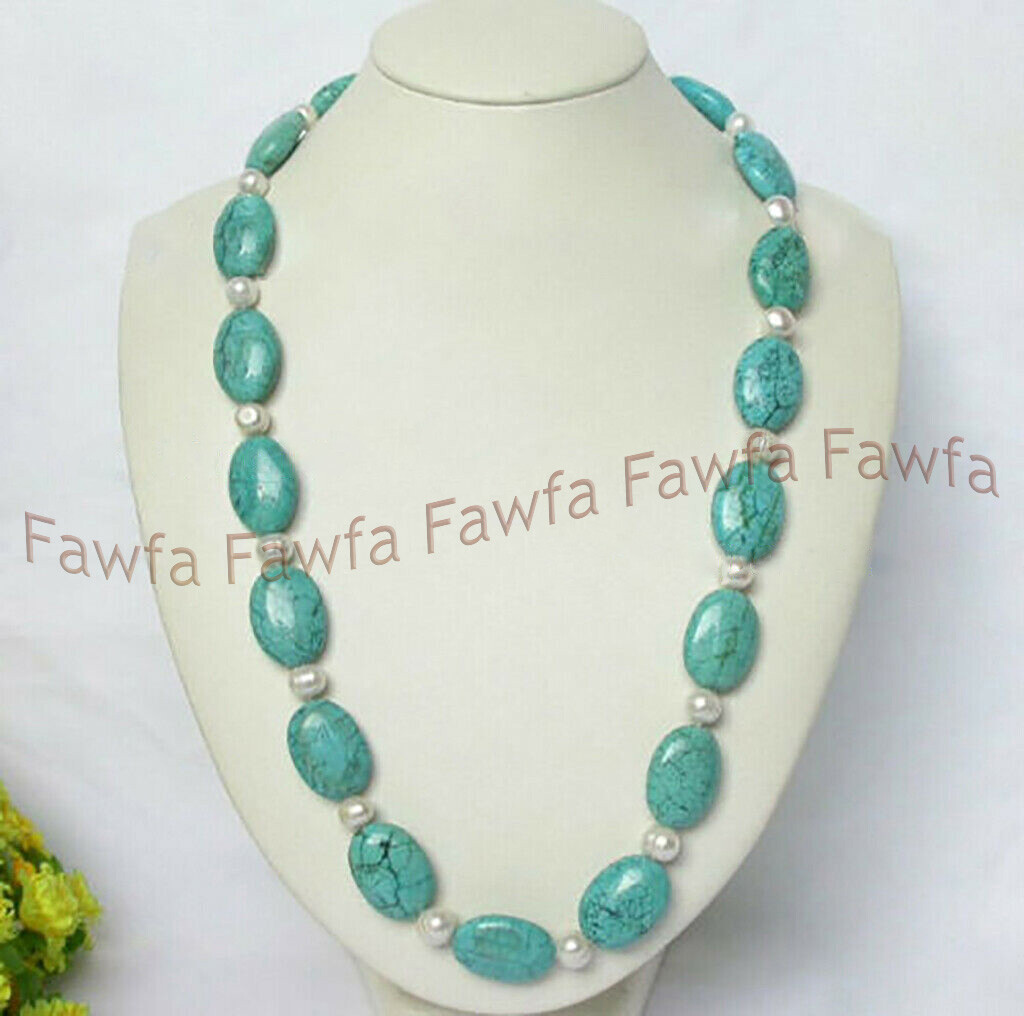 7-8mm White Akoya Pearl & 13x18mm Blue Turquoise Oval Beads Necklace 16-36”