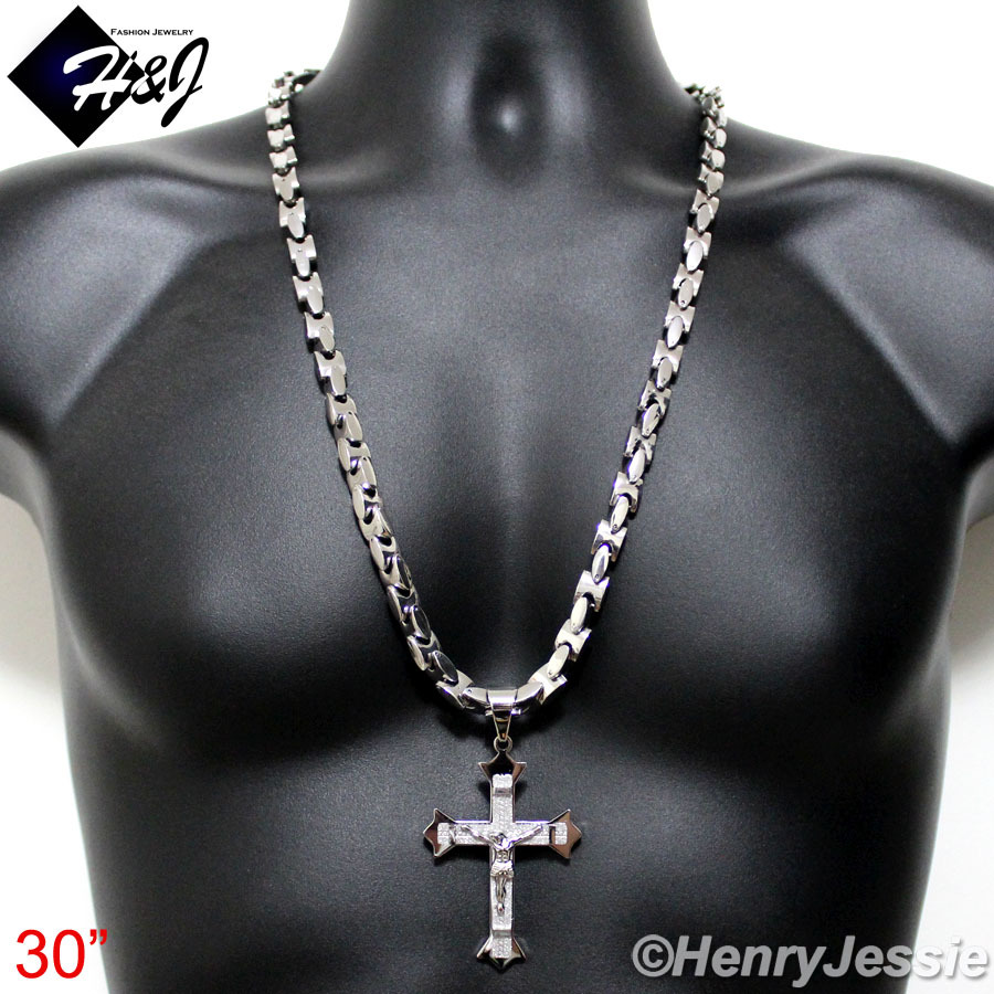 18-40″MEN Stainless Steel 8mm Silver Interlock Chain Necklace Cross Pendant*MJ28