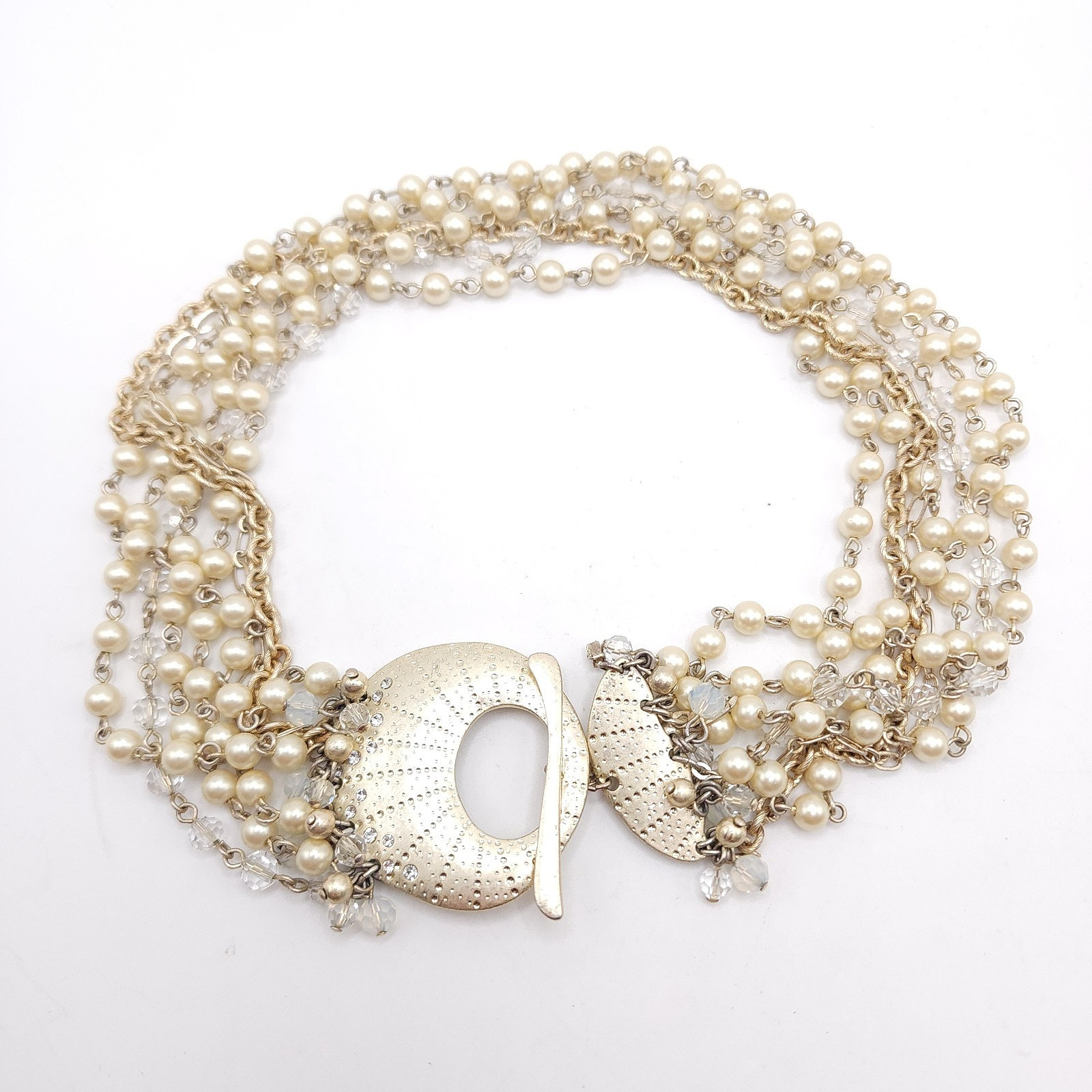Alan Schwartz Multi Strand Faux Pearl Crystal Necklace Gold Tone Toggle 19in