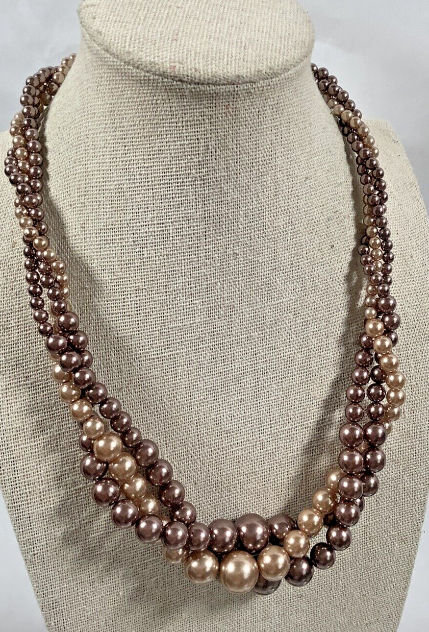 Roman RMN Bronze Champagne Faux Pearl Twisted Multi Strand Beaded Necklace 17″