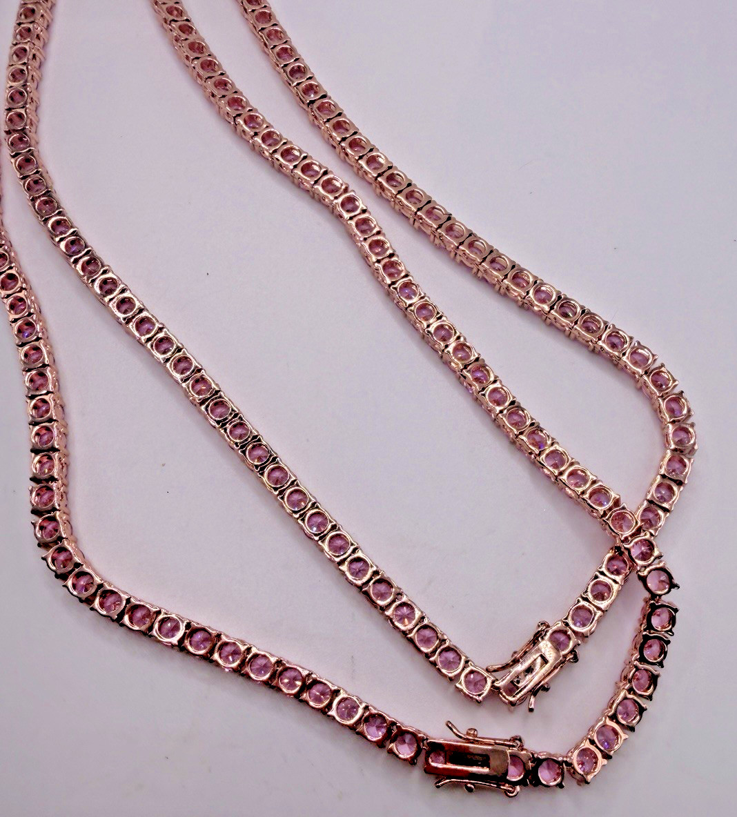 Pink CZ Crystal Tennis Necklaces Rose Gold 16 And 18 Inch 4mm Lot Of Two