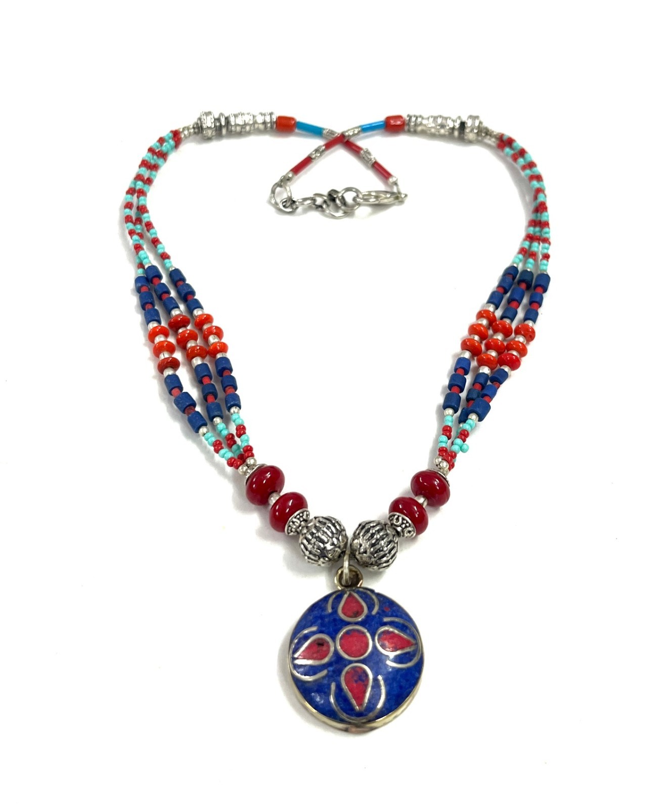 Antique Lapis Lazuli Coral Gemstone Tibetan Necklace Jewelry, 17 Inch Adjust