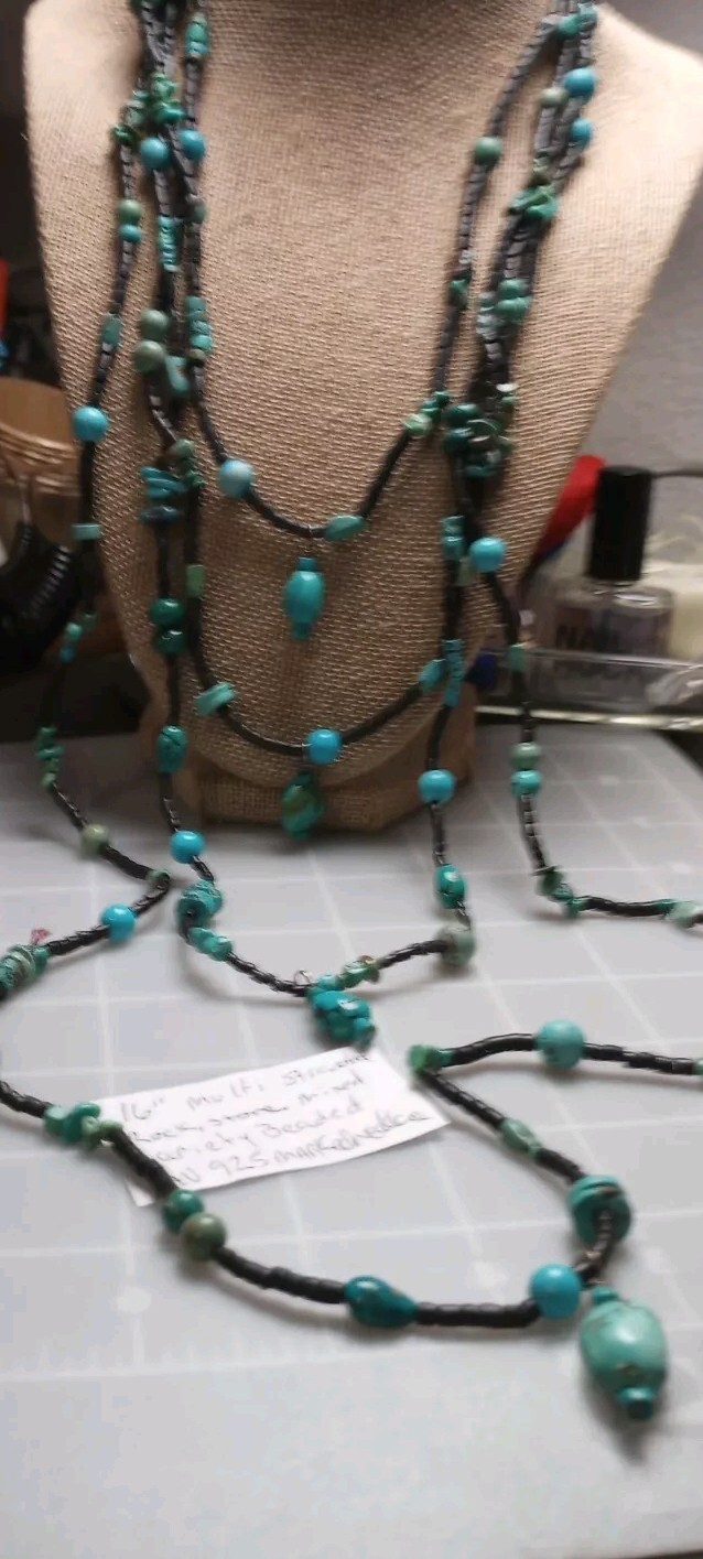 Av925 Marked Closure Hook Blue Rock,Stone Unknown Beaded Multistrand 16″necklace