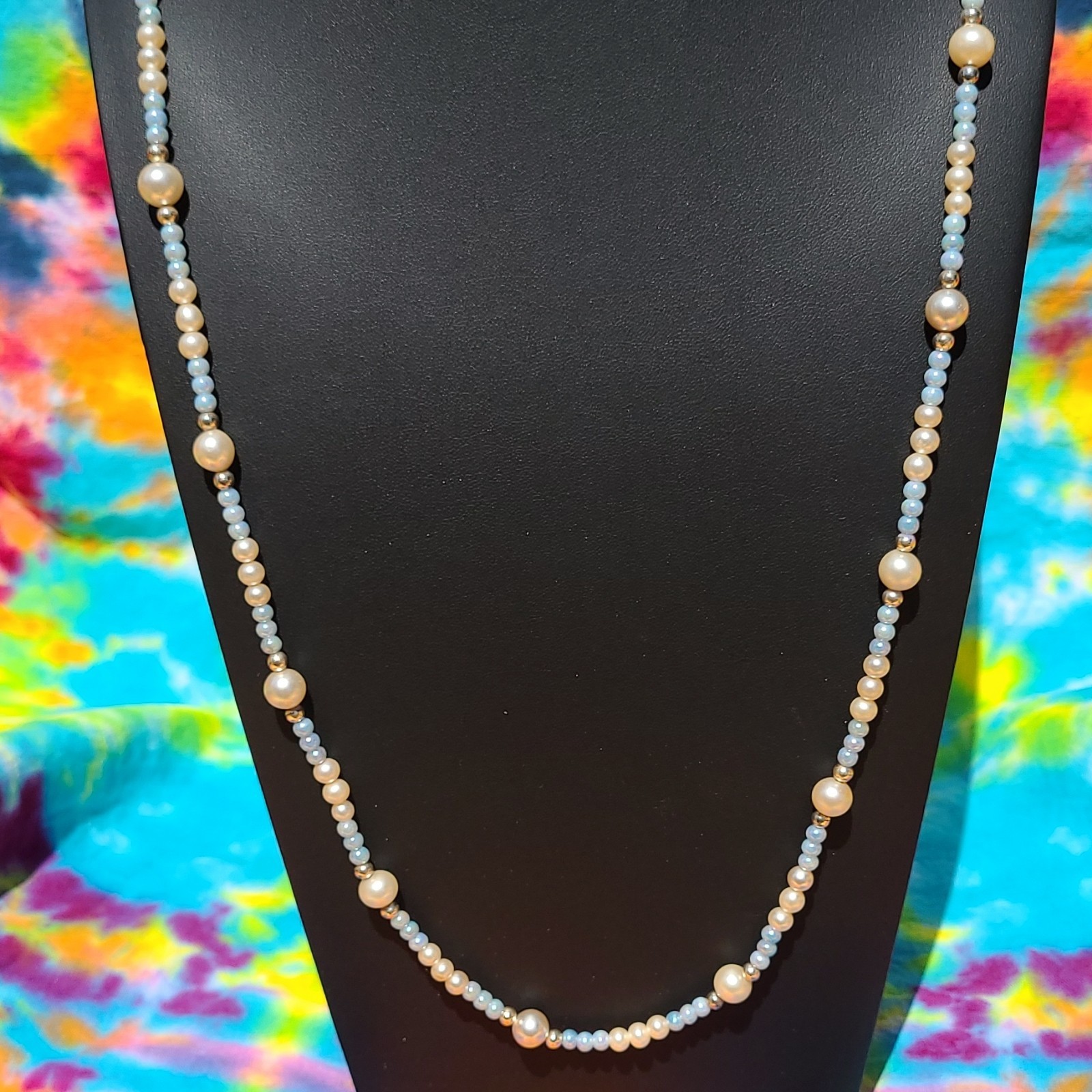 Layered Double Strand Blue Glass Bead Faux Pearl Necklace Gold Tone Spacers