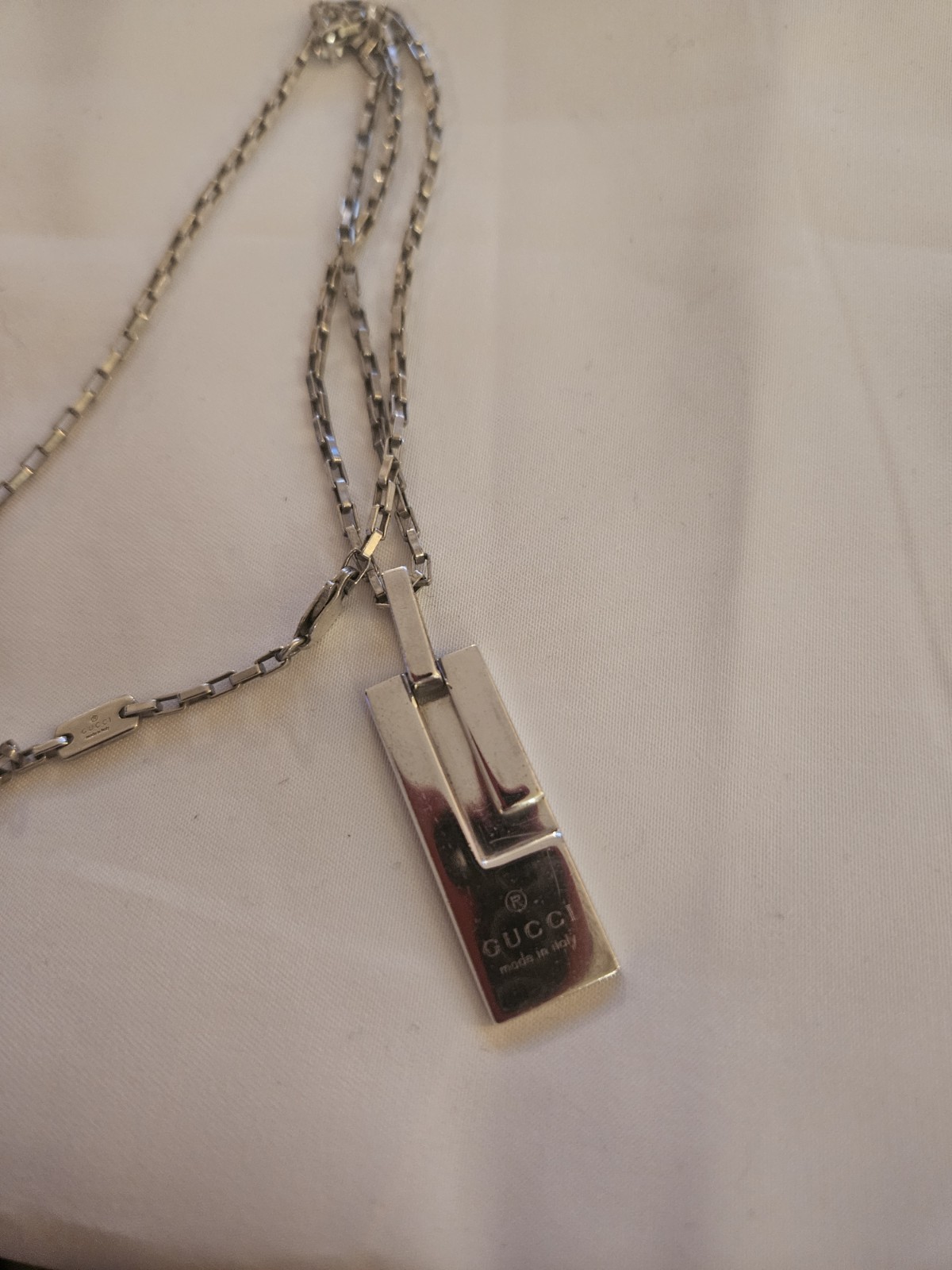 Gucci Silver Tone Box Chain Rectangle Bar Pendant Necklace Signed Italy
